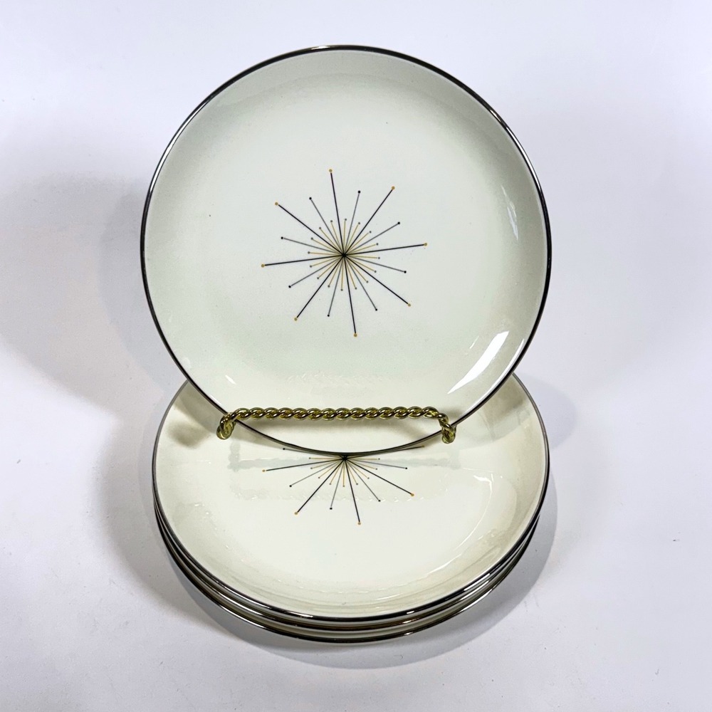 Modern Star Atomic Starburst Bread Plates Set of 4 Mid Century Silver Rim USA